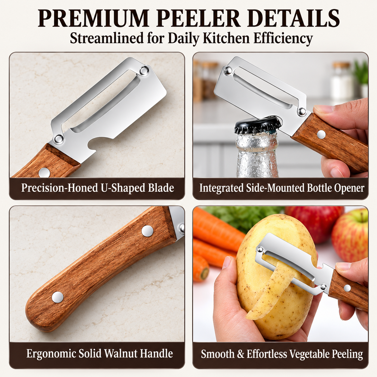 Urban Zero Snag Wooden Peeler for Kitchen Tool,Premium 2-in-1 Multifunctional Fruit & Vegetable Peeler - Pack of 2
