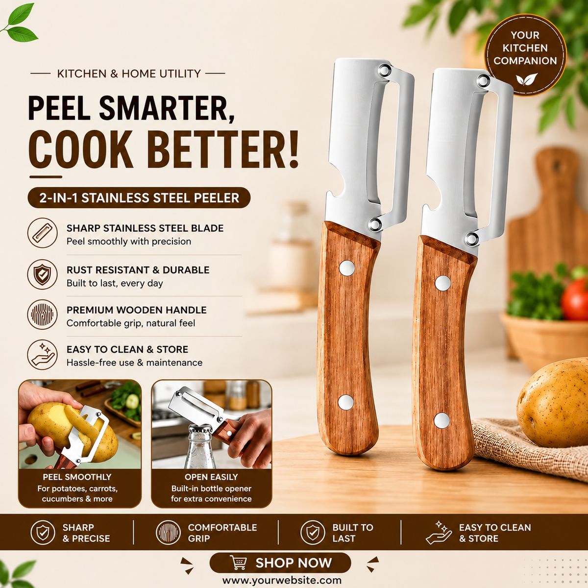 Urban Zero Snag Wooden Peeler for Kitchen Tool,Premium 2-in-1 Multifunctional Fruit & Vegetable Peeler -  Pack of 2