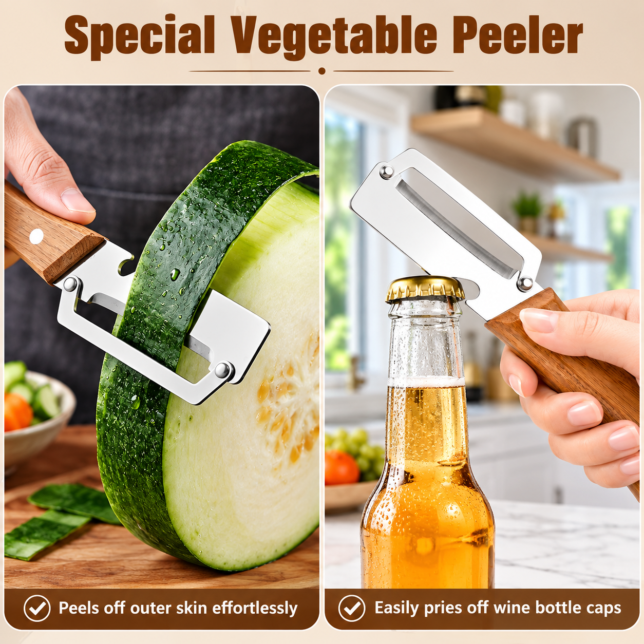 Urban Zero Snag Wooden Peeler for Kitchen Tool,Premium 2-in-1 Multifunctional Fruit & Vegetable Peeler -  Pack of 2